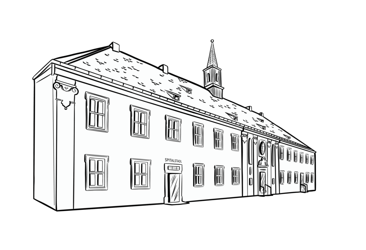 Schwarz-Weiß-Zeichnung vom Spitalstadl, Denkmalgeschütztes Gebäude mit Hochzeits-Eventlocation