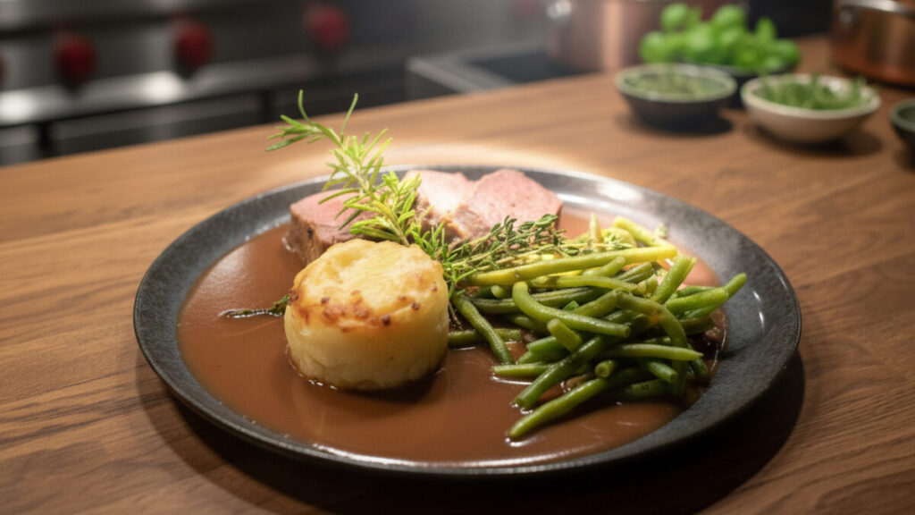 Roastbeef in Rotweinsauce mit Kartoffelgratin und Speckbohnen, garniert mit Kräutern. Schön angerichtet auf einem Steingut-Teller und präsentiert in der Küche auf einer Eichen-Arbeitsplatte.