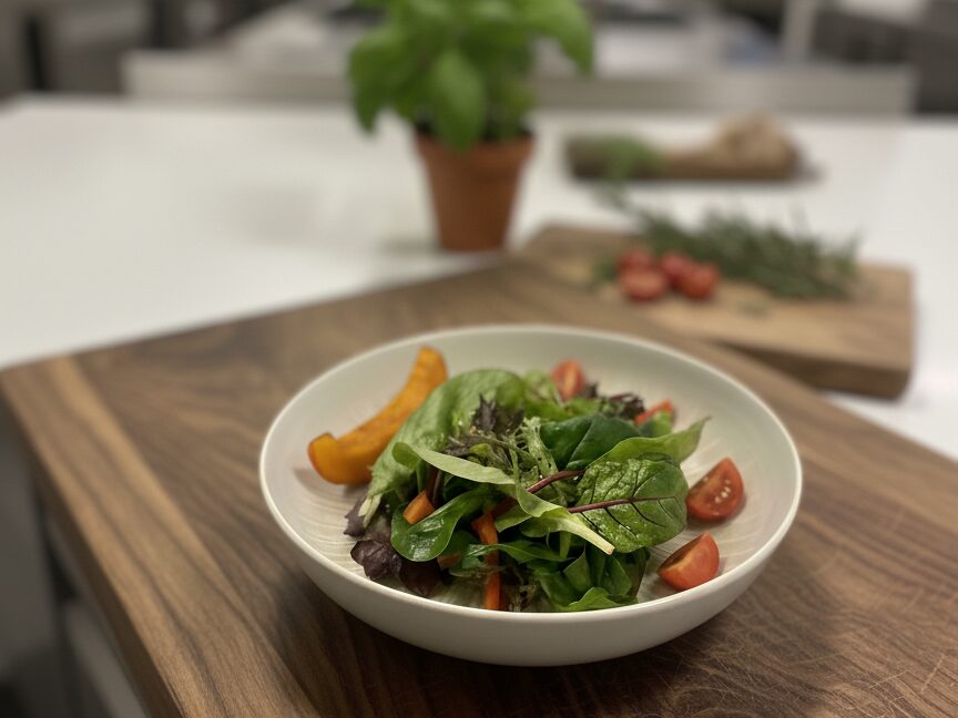 Slatteller mit Kürbisspalte schön angerichtet in einem Steingutteller, auf einer Echtholzarbeitsplatte präsentiert.